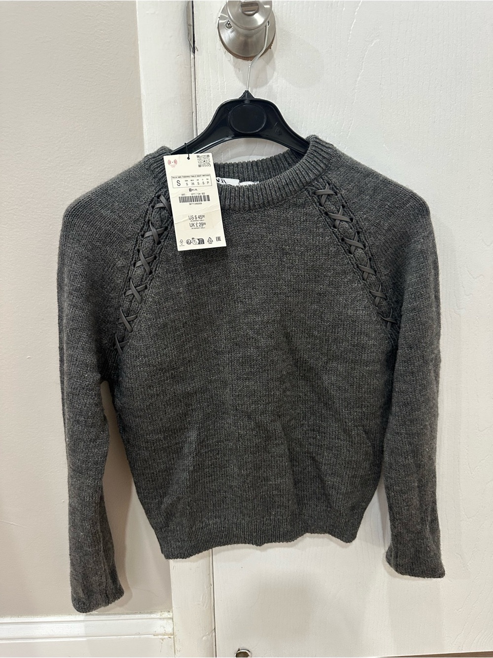 Zara Dark Charcoal Crewneck Sweater with Shoulder Braid Detail